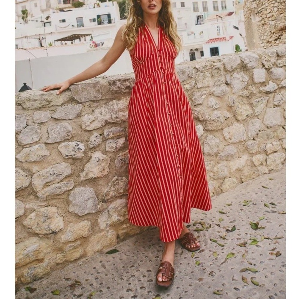 Nobody's Child Starlight Midi Dress Womens 6 Red Striped Organic Cotton V-Neck